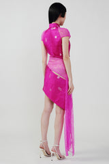 Pre Order: Qipao Lace Trimmed  Mini Dress in Pink