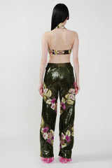 Pre-Order: Green Sequin and Flower Embroidery Tilted Strips Pant