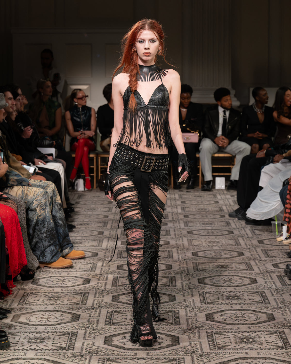Rimea Embossed Fringe Top in Black