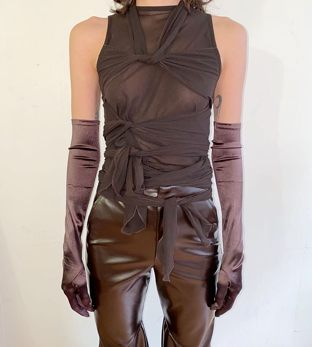 Brown Mesh Tie Top