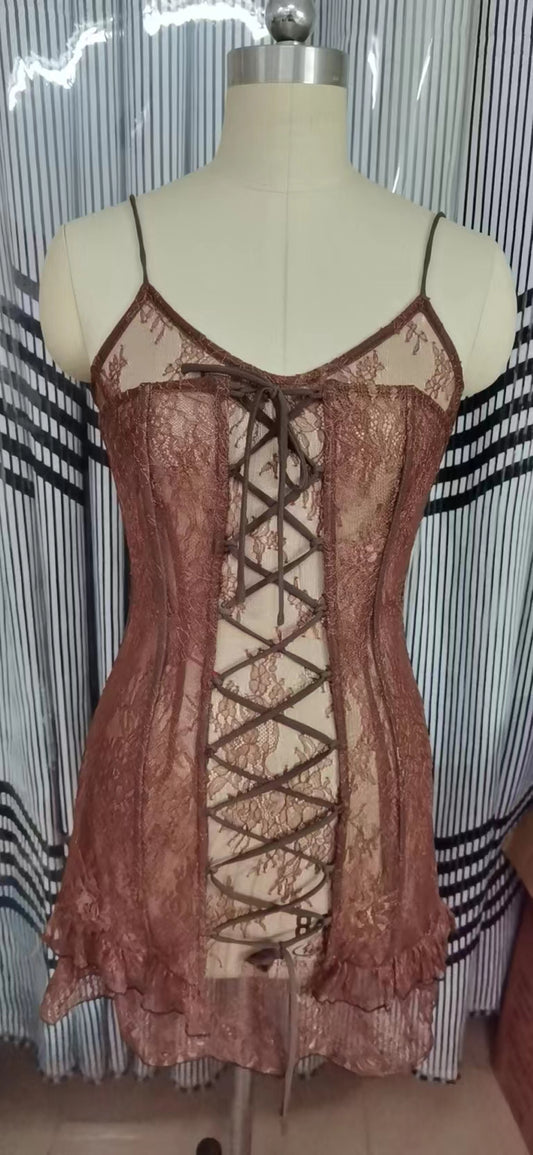 Lace Up Mini Dress in Brown