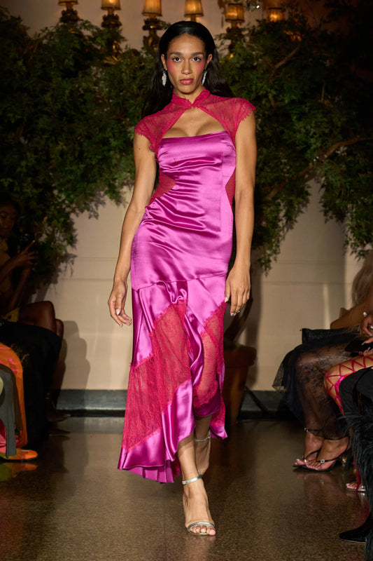 Magenta Silk Lace Trimmed Gown