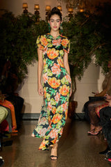Contrast Floral Silk Maxi Dress