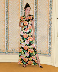 Contrast Floral Silk Maxi Dress