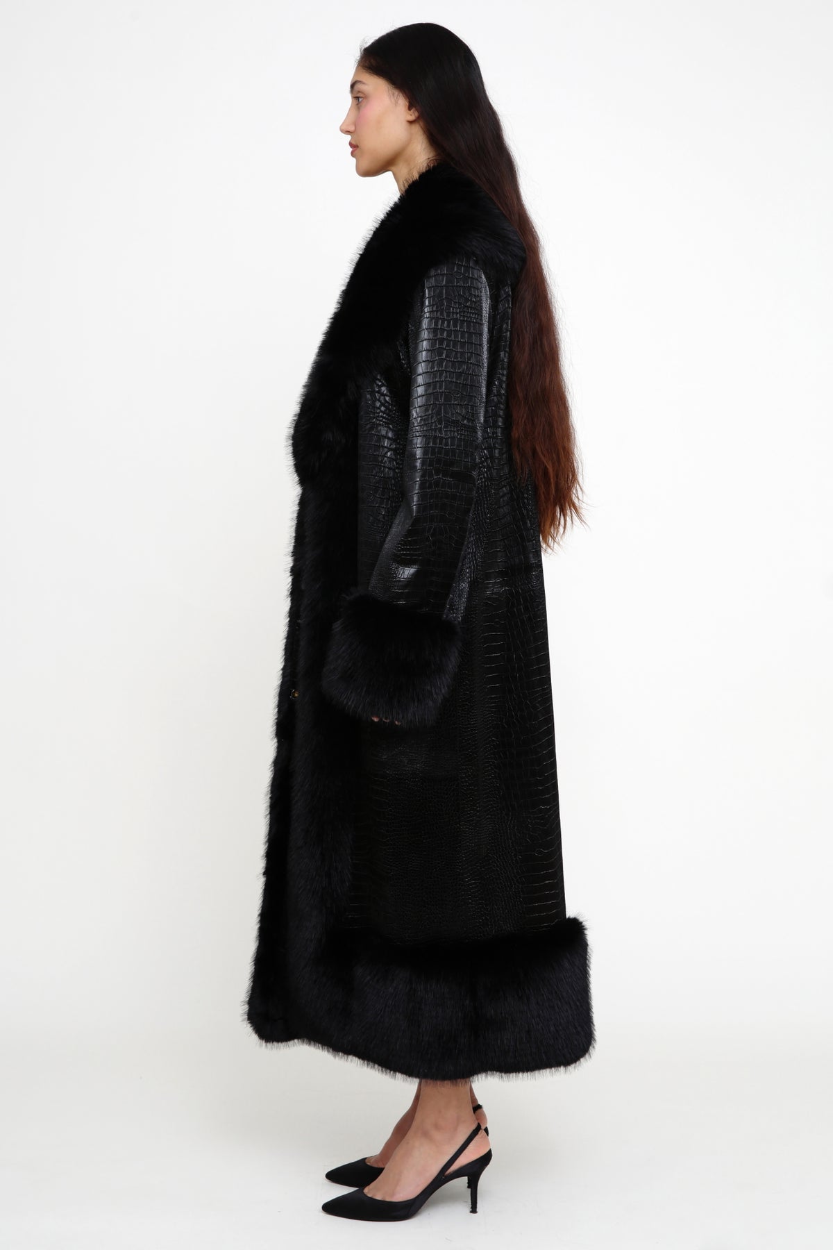 Black Fur Trim Croc Coat-  Pre Order