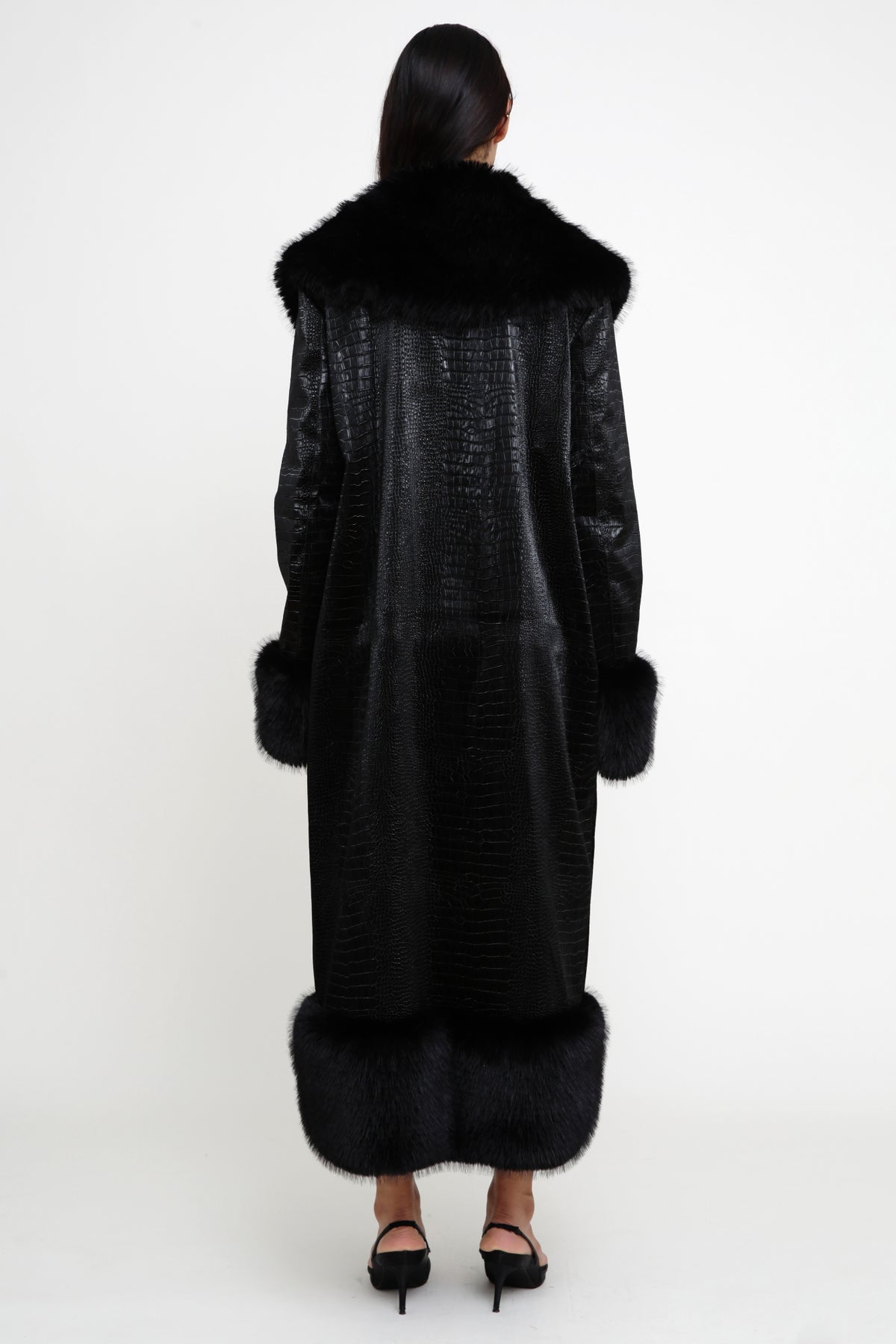 Black Fur Trim Croc Coat-  Pre Order