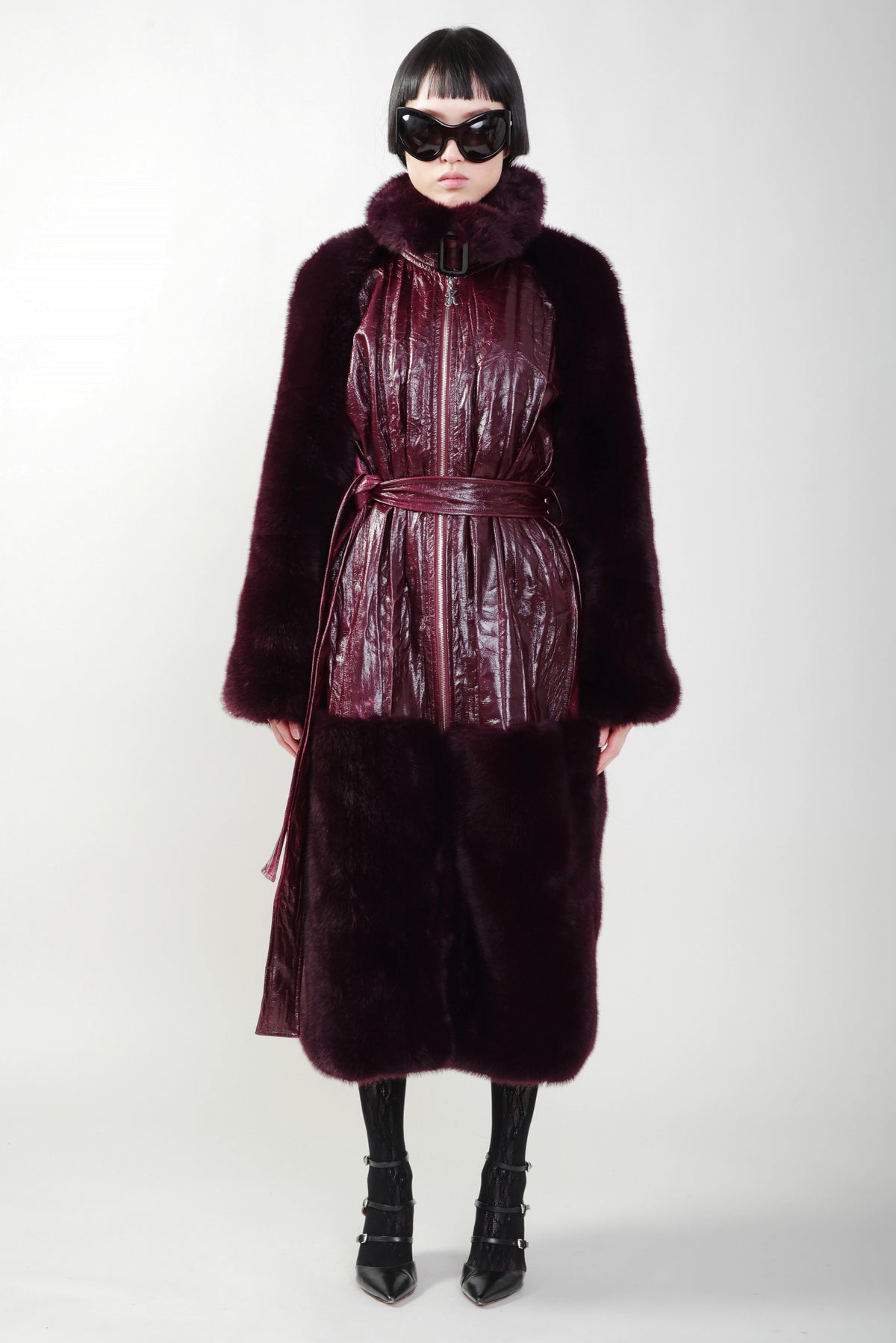 Pre Order: Bordeaux Vegan Fur Sleeves and Trim Coat