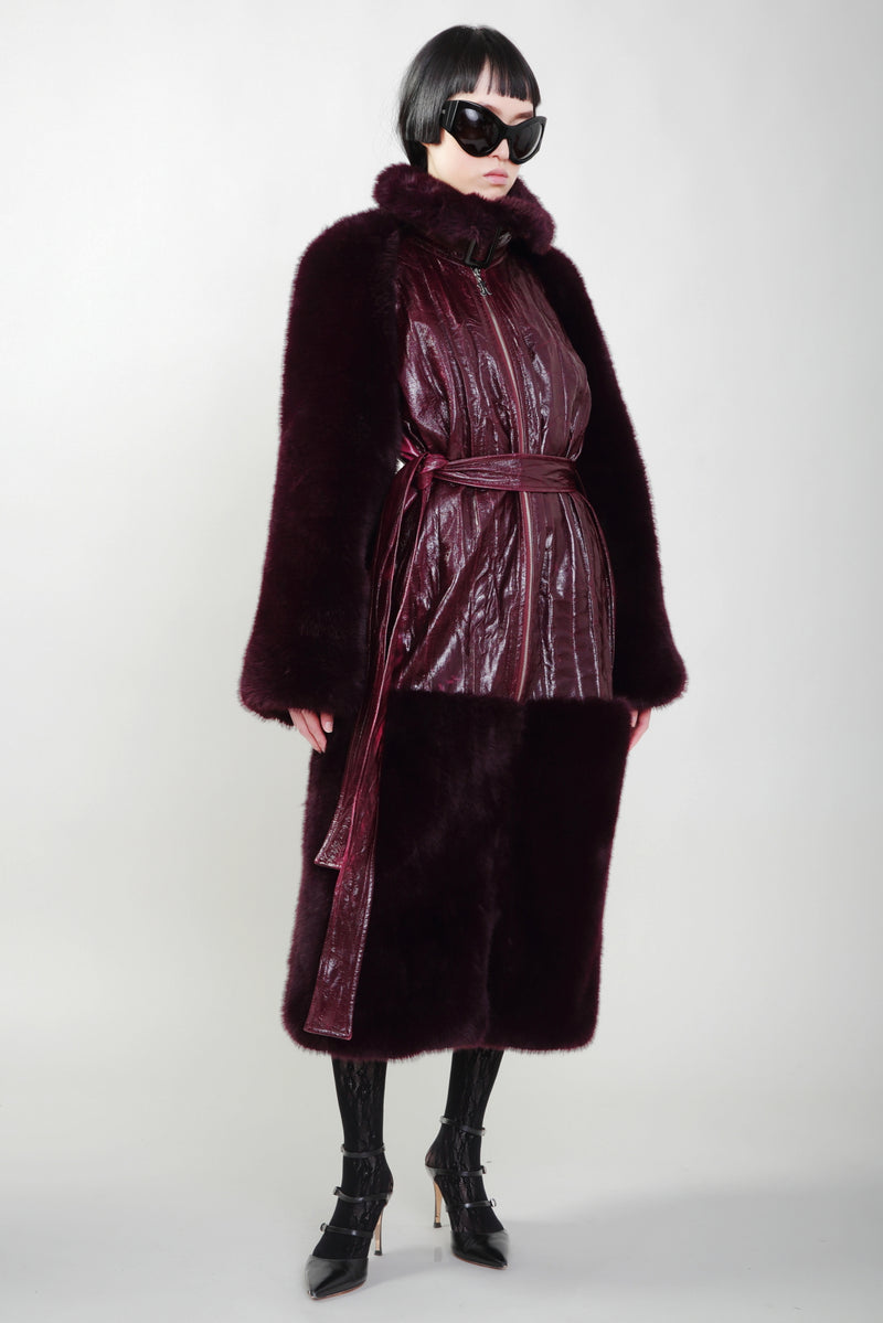 Bordeaux Vegan Fur Sleeves and Trim Coat