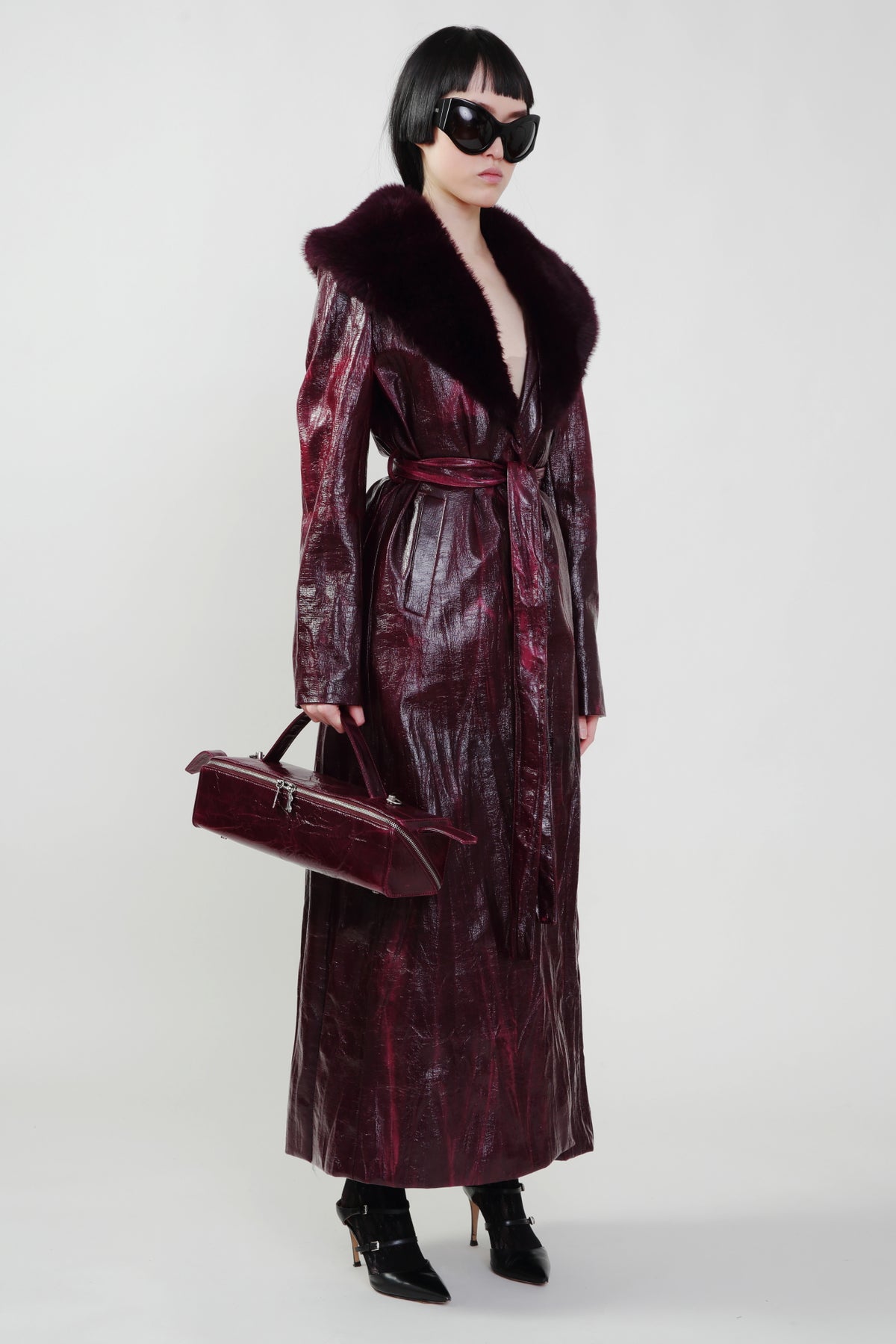 Bordeaux Faux Fur Collar Coat