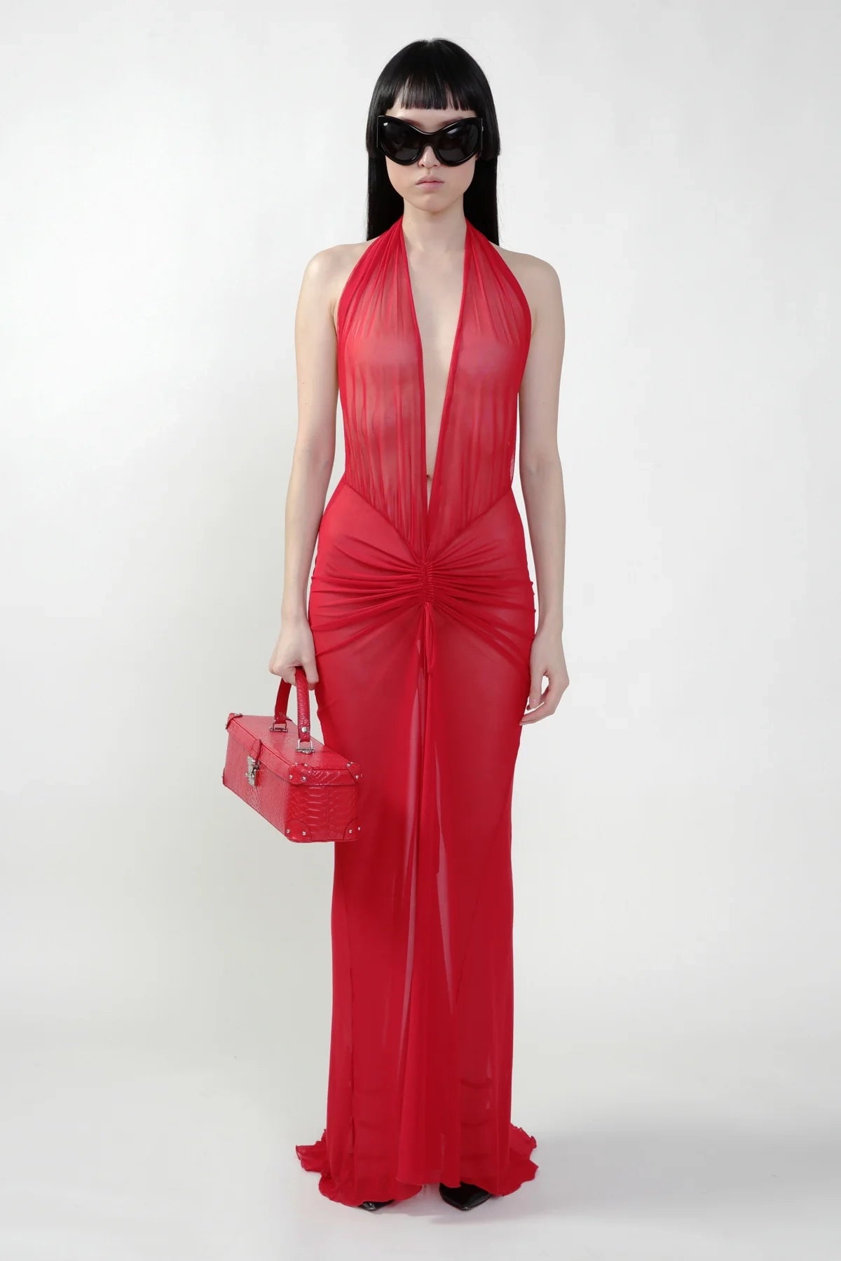Red Mesh Gown/Mesh Maxi Dress in Red