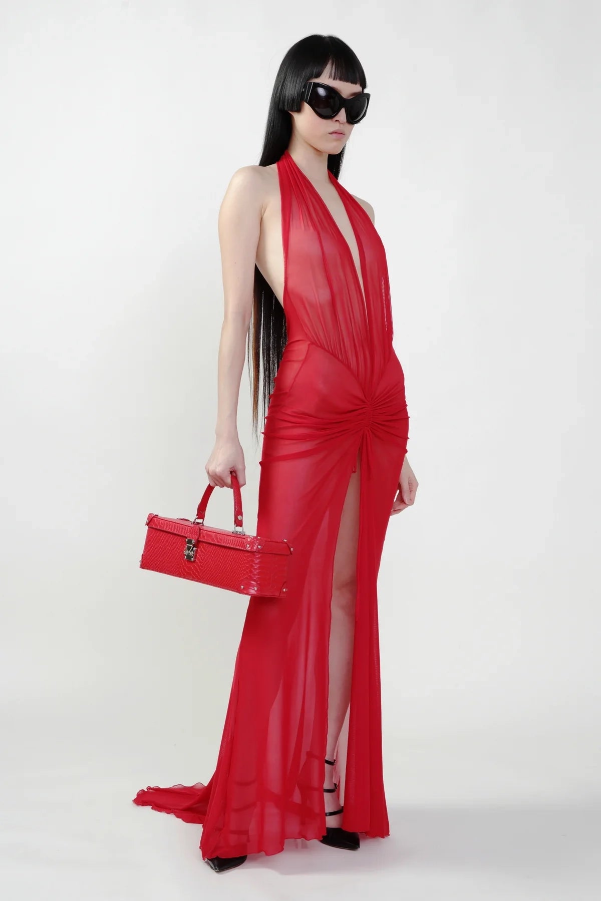 Red Mesh Gown/Mesh Maxi Dress in Red