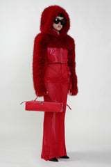 Pre Order:Cropped Faux Fur Hoodie Jacket in Red