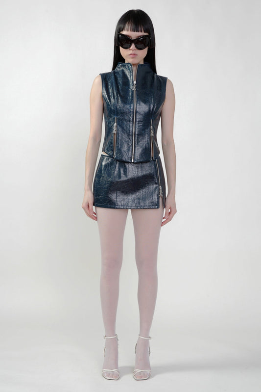 Pre Order: Vegan Leather Mini Skirt with K Zipper in TEAL