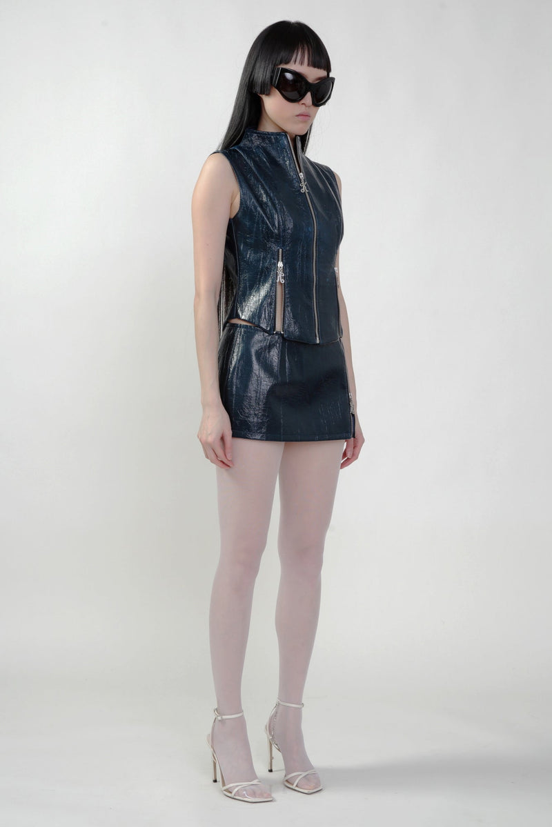 Faux Leather Mini Skirt with K Zipper in TEAL