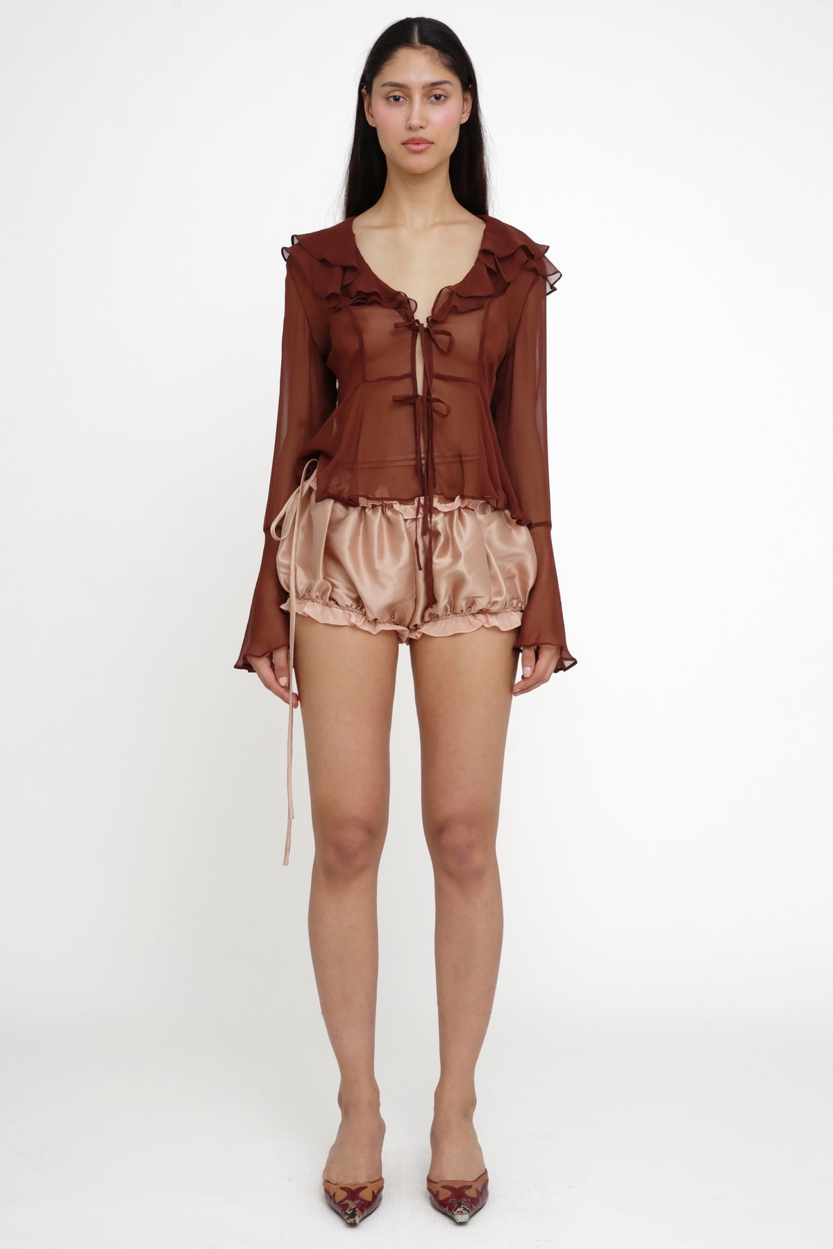 Arianna Brown Silk Chiffon Tie Shirt -Pre Order