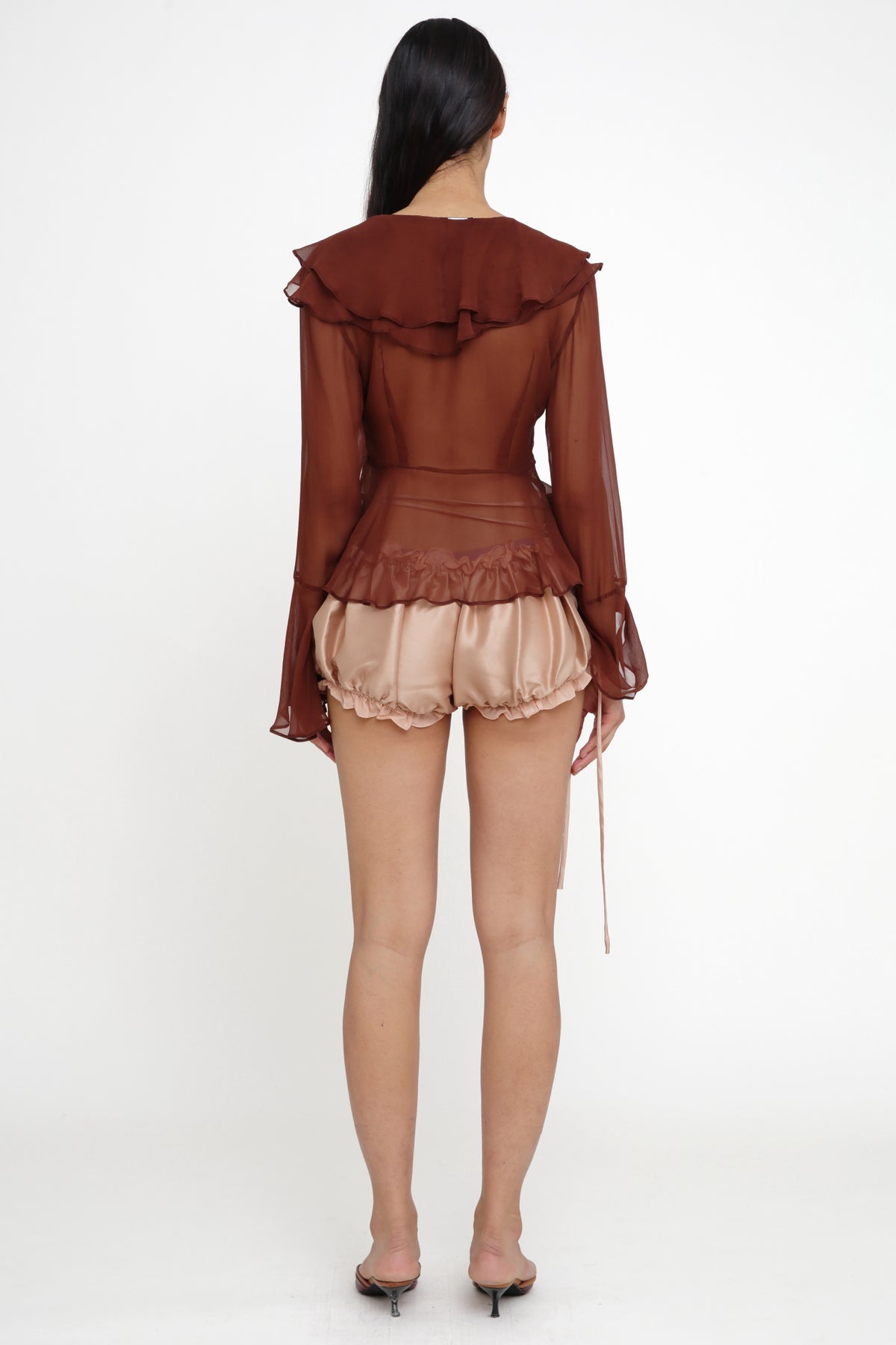 Arianna Brown Silk Chiffon Tie Shirt -Pre Order