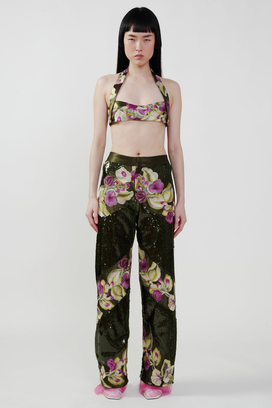 Pre-Order: Green Sequin and Flower Embroidery Tilted Strips Pant