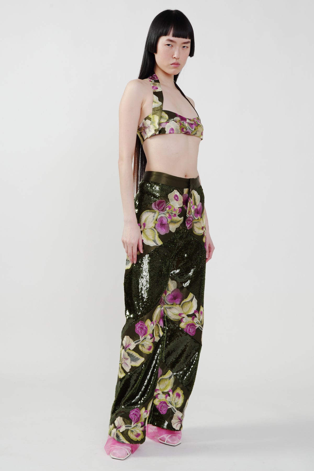 Pre-Order: Green Sequin and Flower Embroidery Tilted Strips Pant