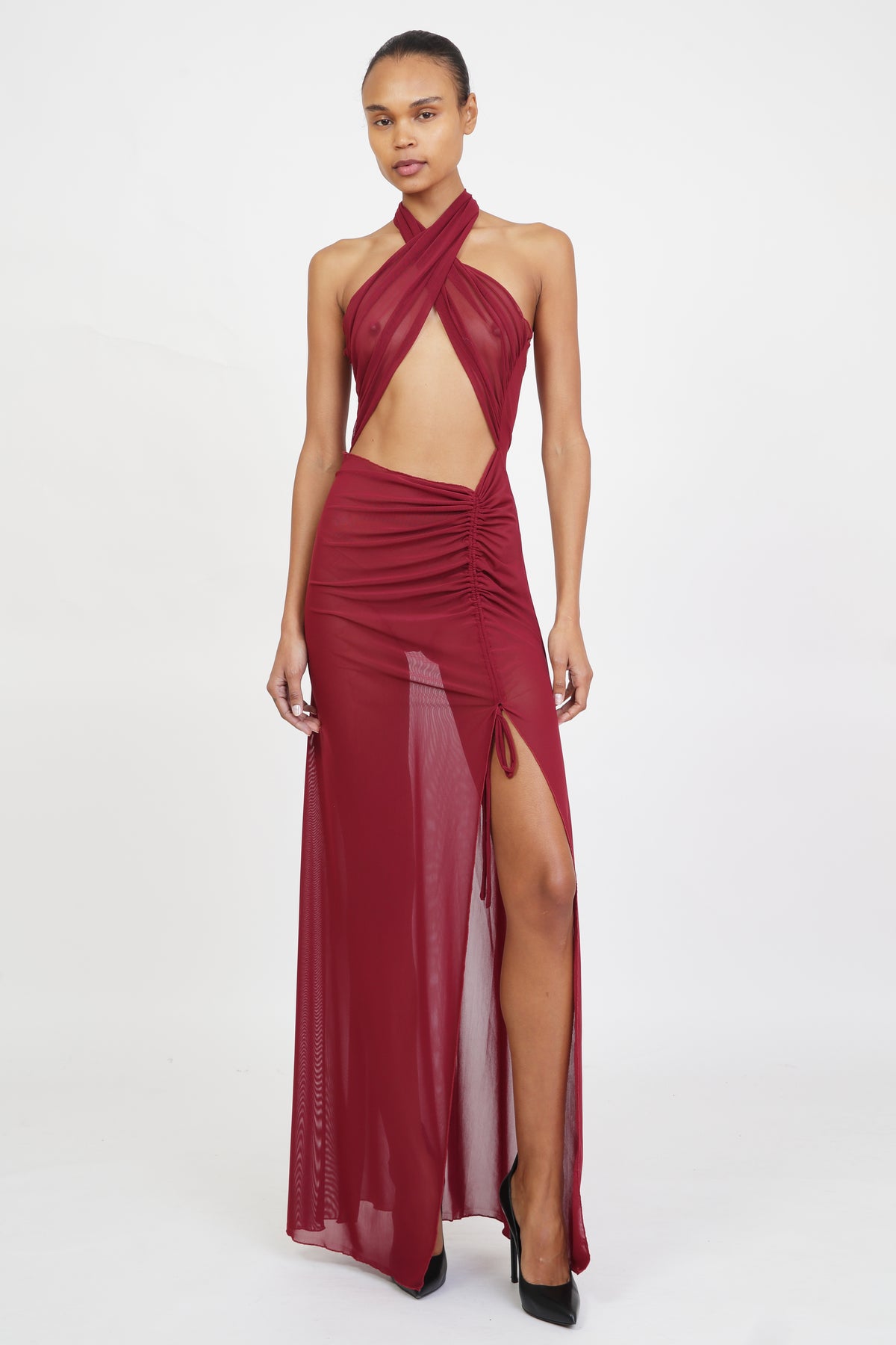 Mesh Wrap Gown in Ruby Red