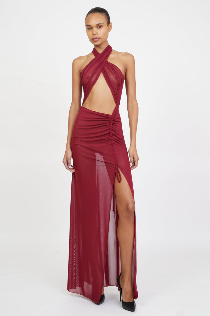 Mesh Wrap Gown in Ruby Red – Kim Shui Studio
