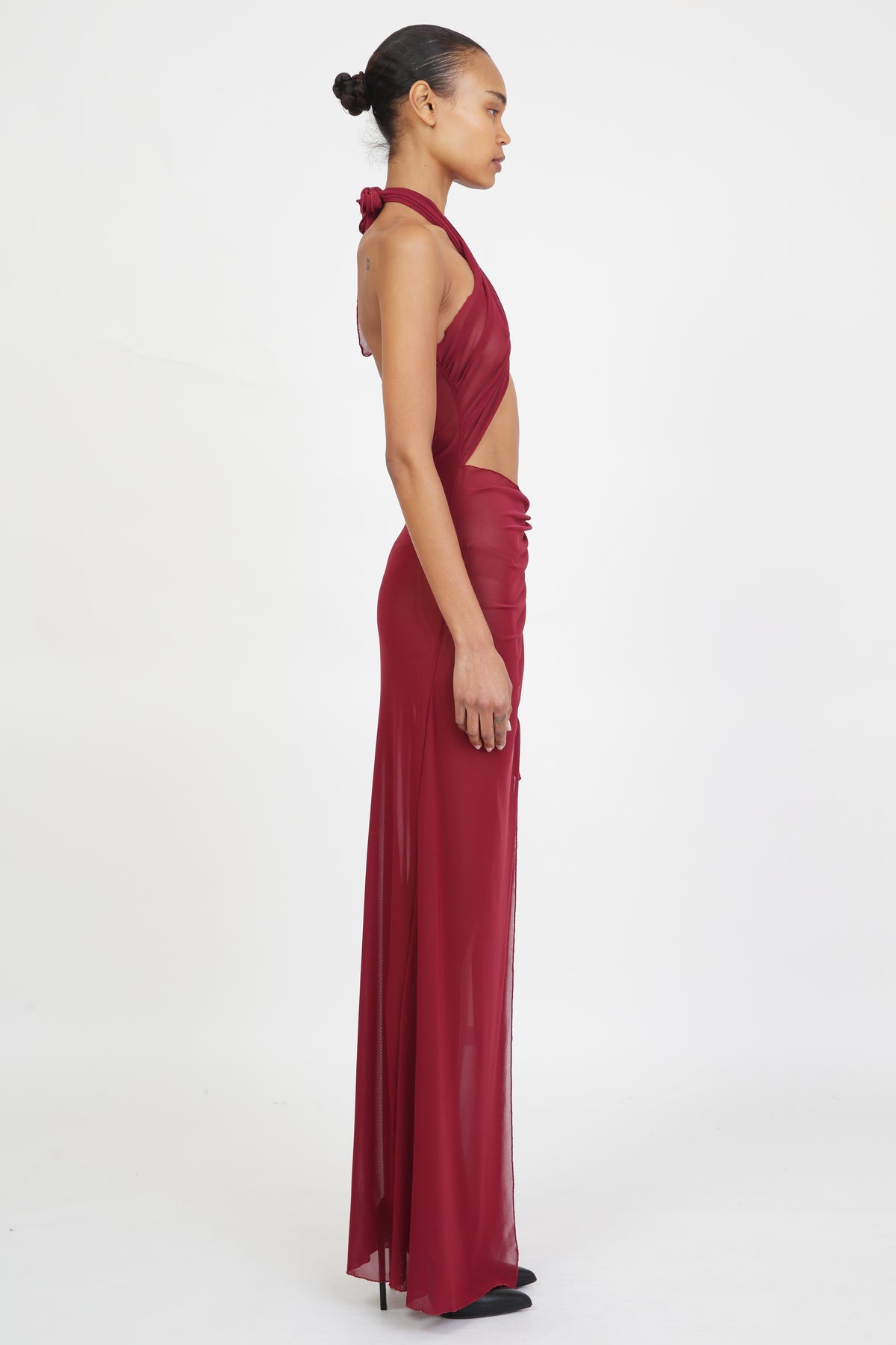 Mesh Wrap Gown in Ruby Red