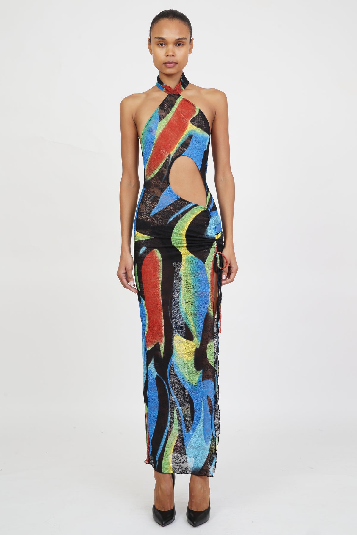 Blue Swirl Cut out Qi Pao-Full length