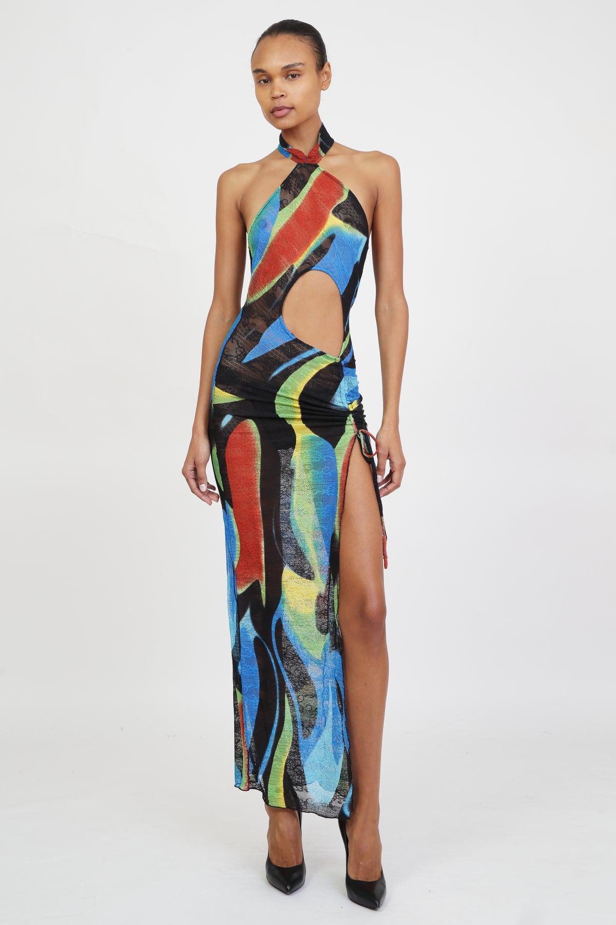 Blue Swirl Cut out Qi Pao-Full length