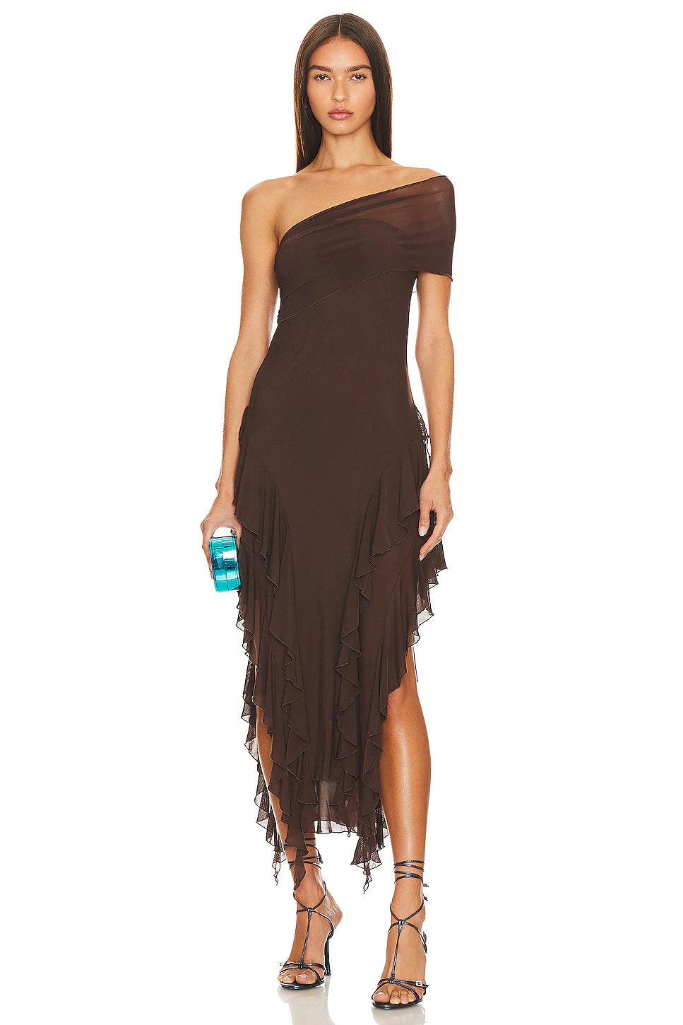 Brown Ruffle Mesh Dress