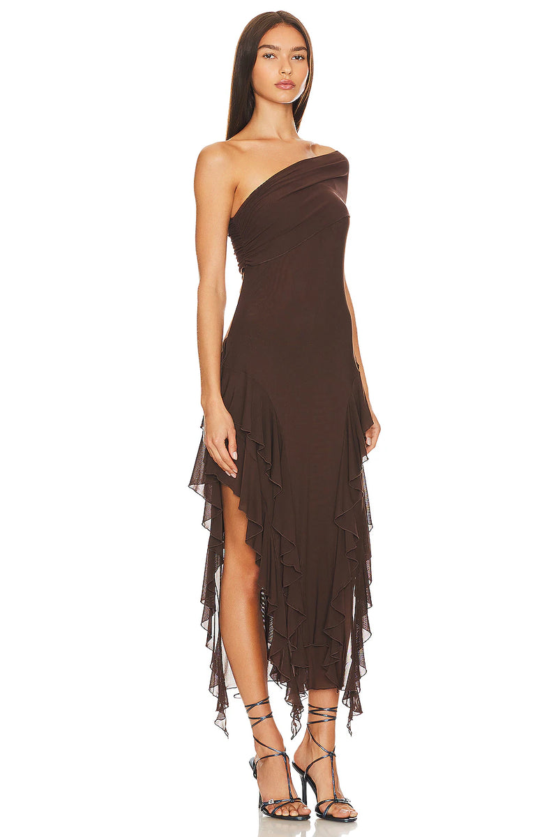 Brown Ruffle Mesh Dress