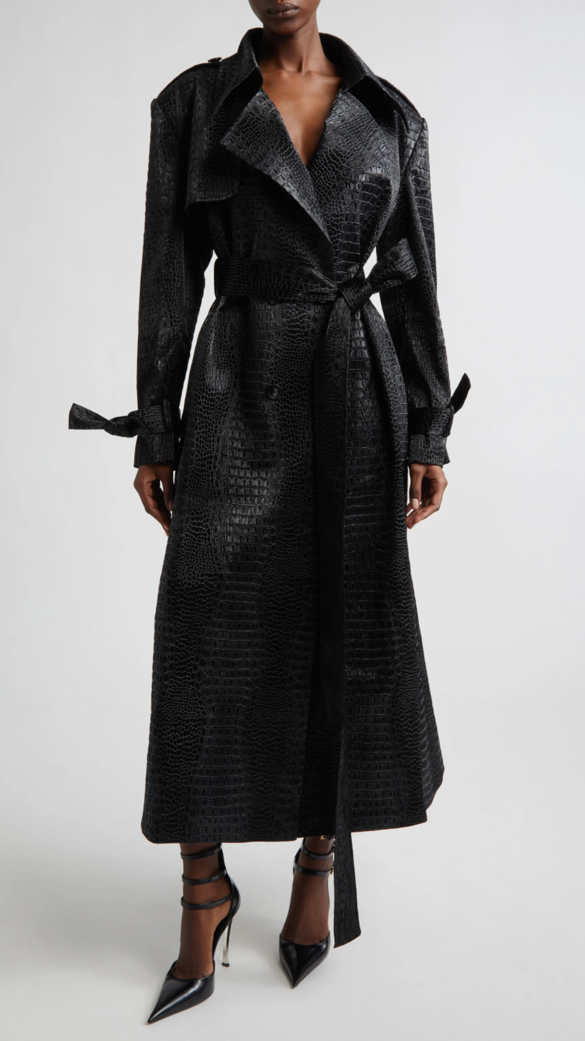 Croc Embossed Faux Leather Trench Coat