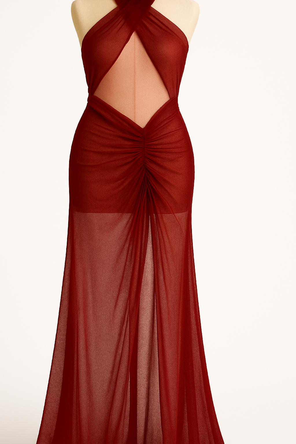 Mesh Wrap Gown in Ruby Red