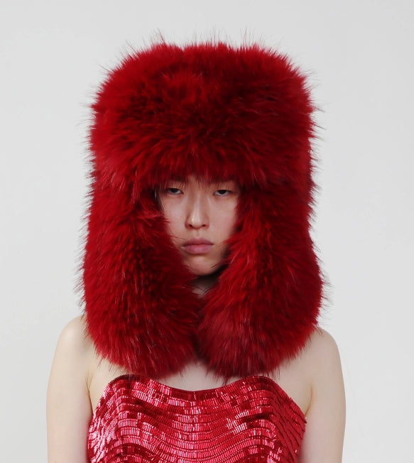 Oversized Faux Fur Trapper Hat in Red