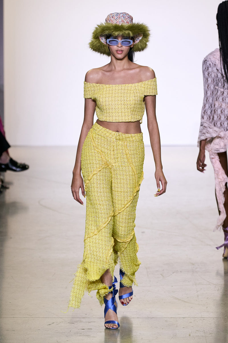 Yellow Tweed Off-Shoulder Top