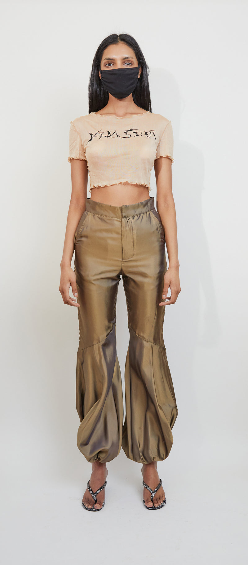 Kim Shui Logo - Beige Mesh Crop Stretch Tee