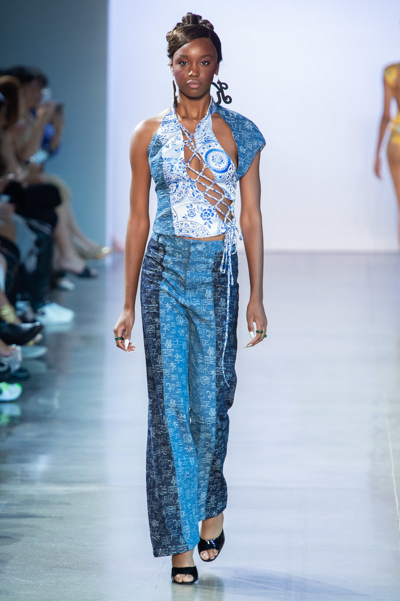 Denim Brocade Lace up top – Kim Shui Studio