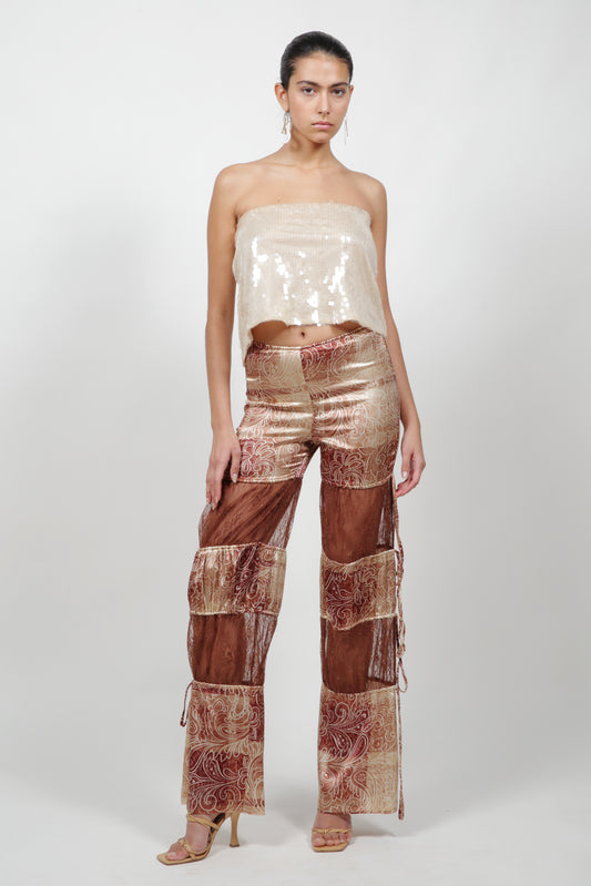 Brown Paisley Lace Insert Pant