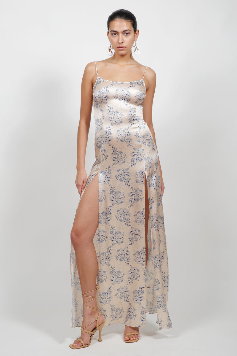 Blue Chinoiserie Silk Gown