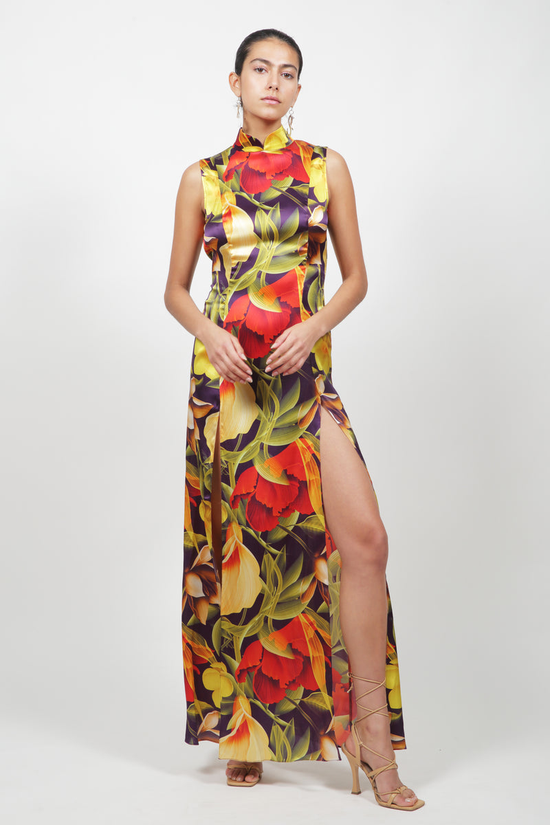 Floral Silk Backless Qi Pao Dress