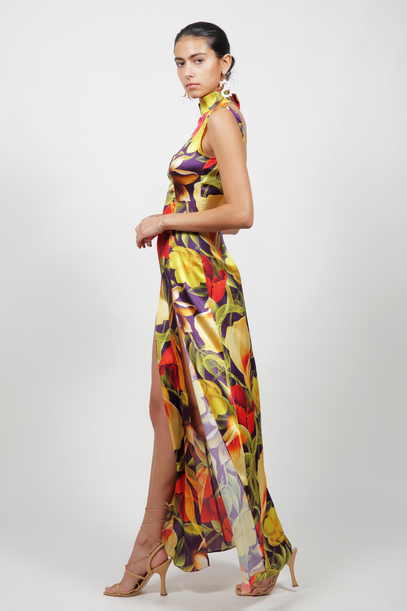 Floral Silk Backless Qi Pao Dress