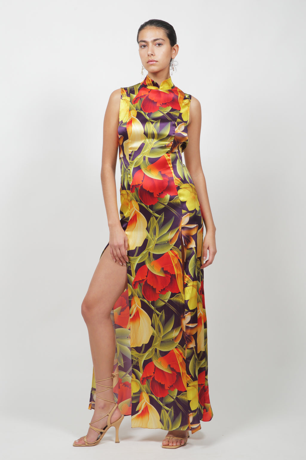 Floral Silk Backless Qi Pao Dress
