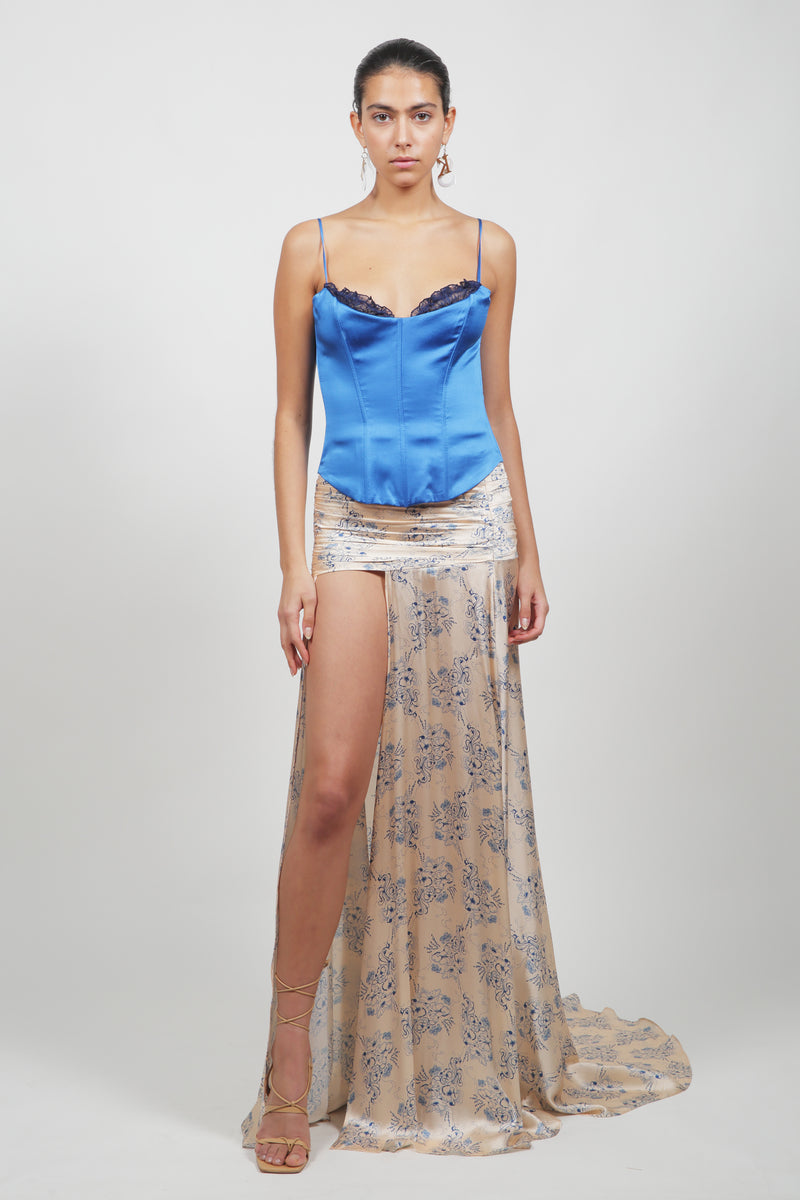 Blue Chinoiserie Silk Skirt