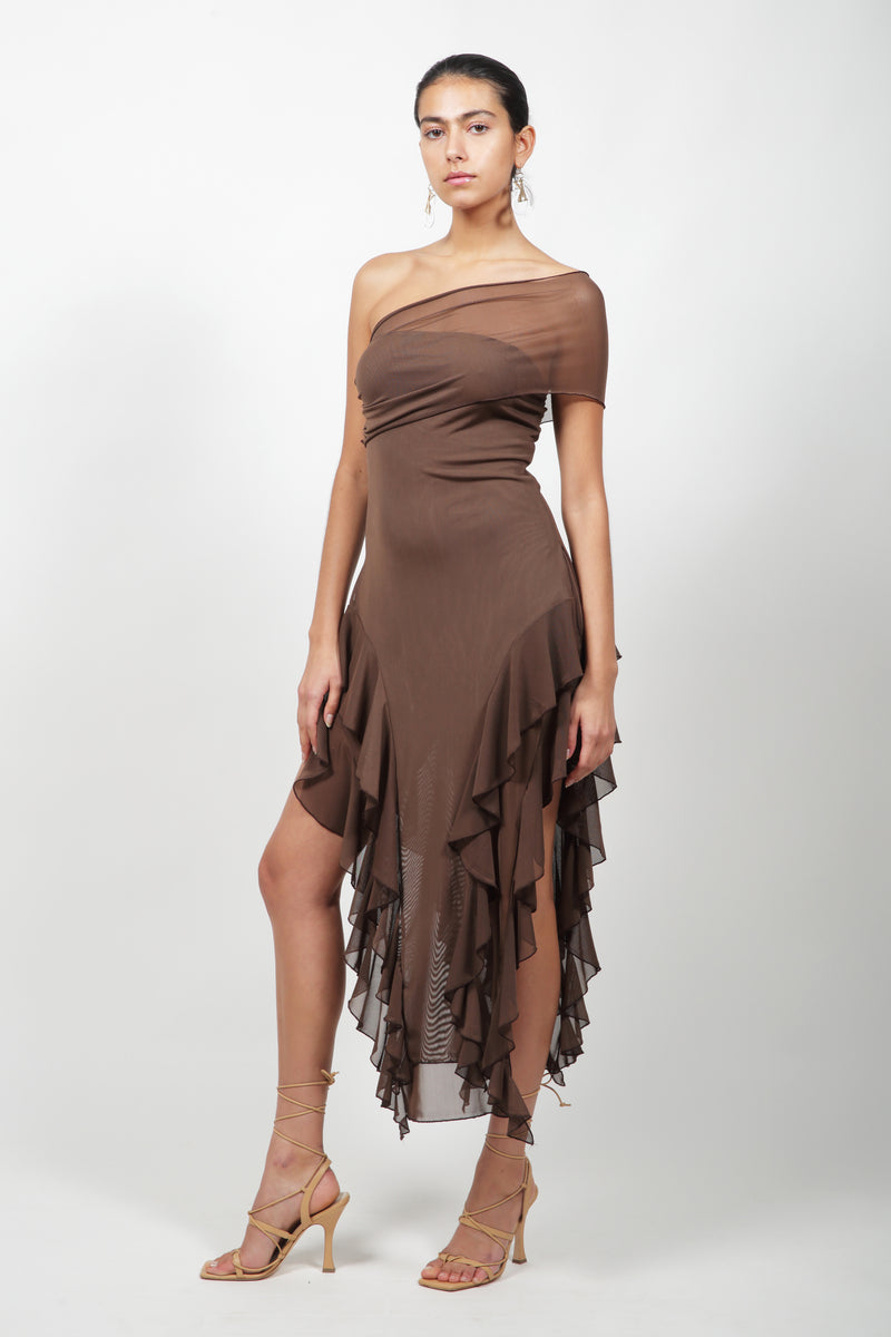 Brown Ruffle Mesh Dress Medium / Brown Brown Ruffle Mesh Dress Medium / Brown