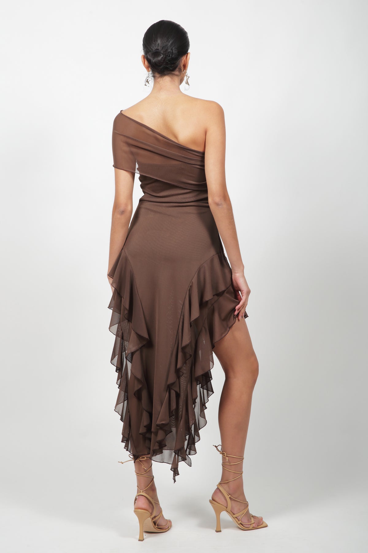 Brown Ruffle Mesh Dress