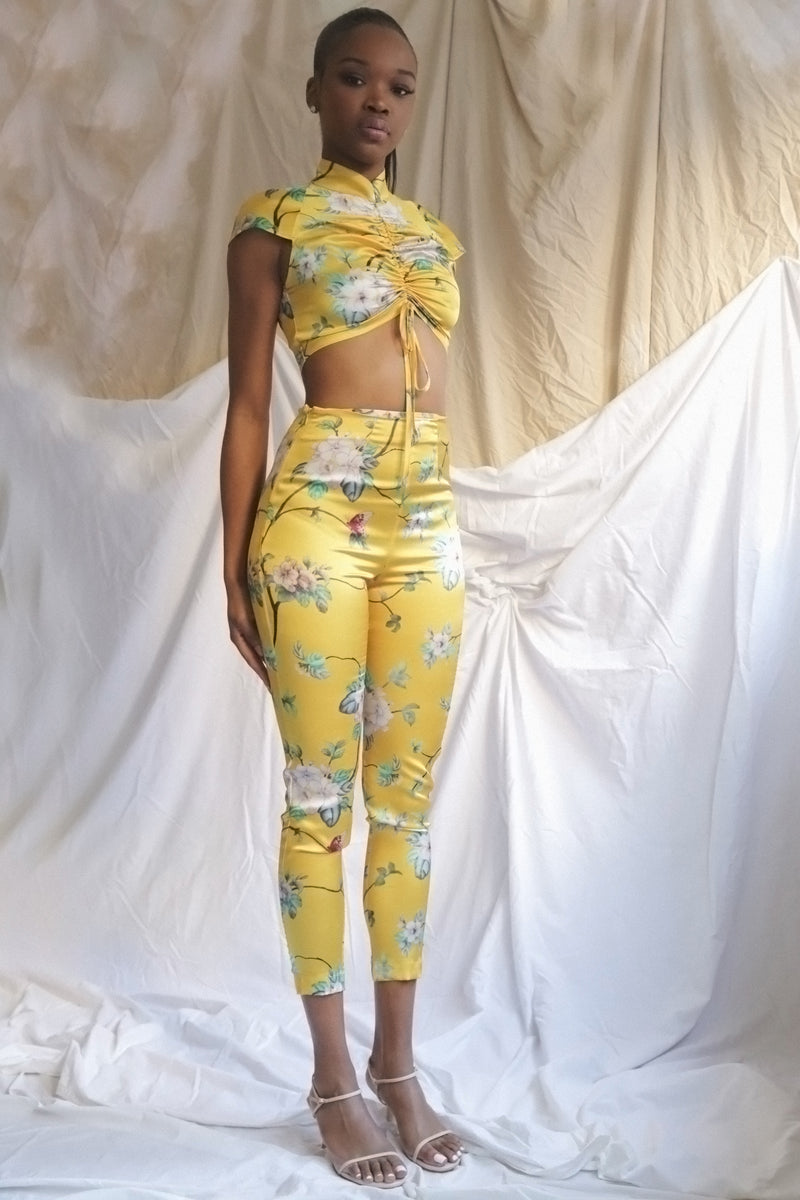 Floral Yellow Silk Ruched Top