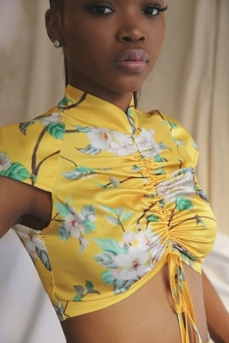 Floral Yellow Silk Ruched Top