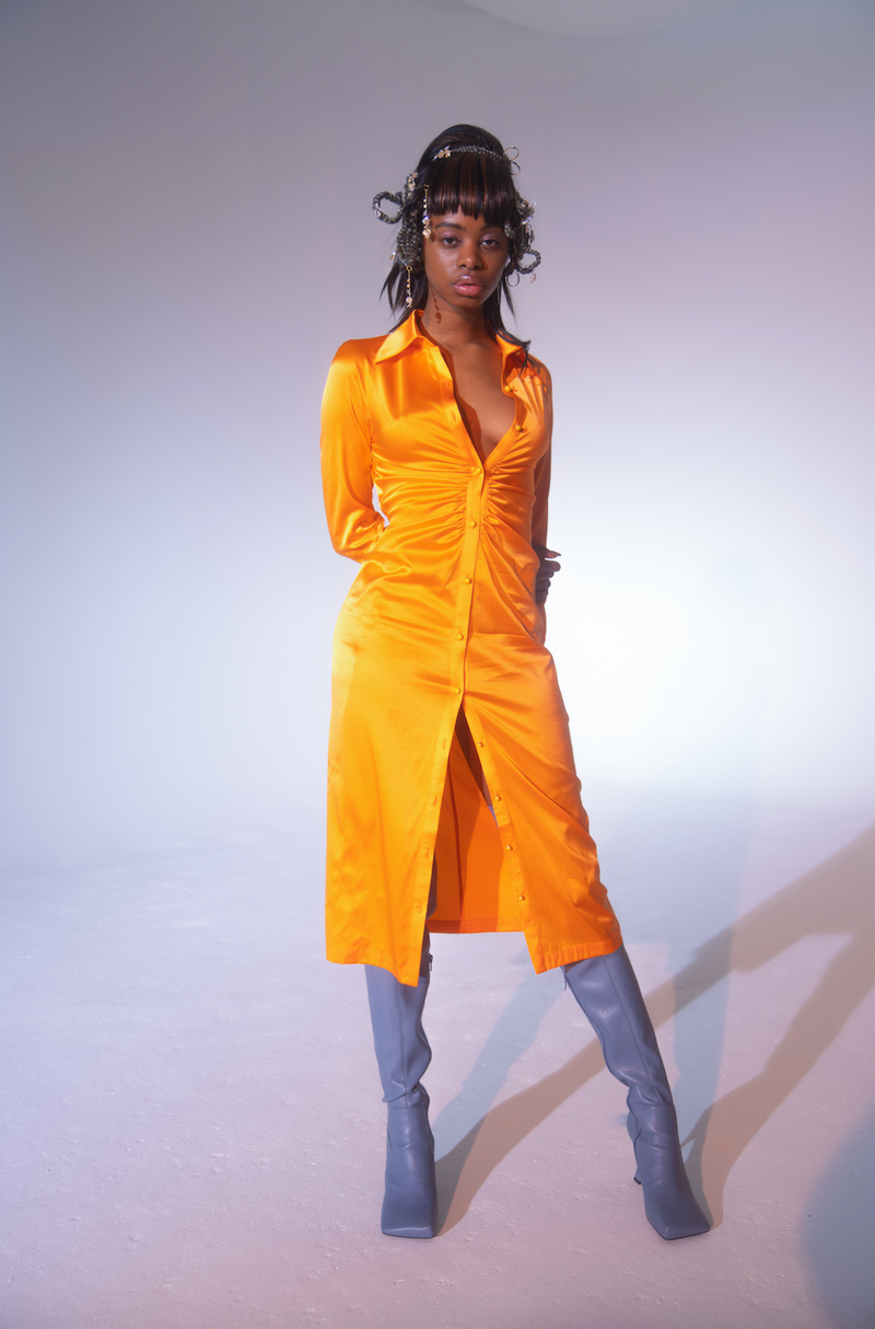 Orange Silk Ruched Dress