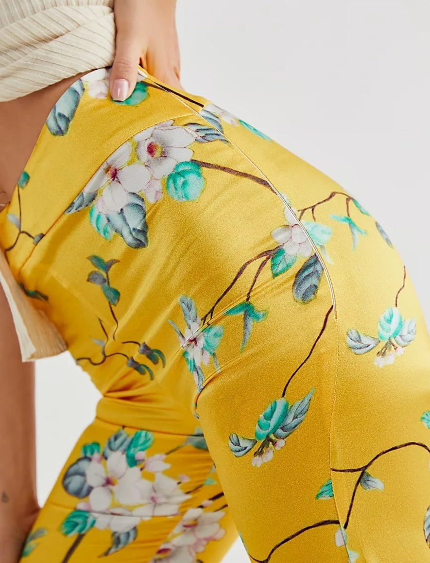 Yellow Flared Stretch Silk Pants- final sale - No return