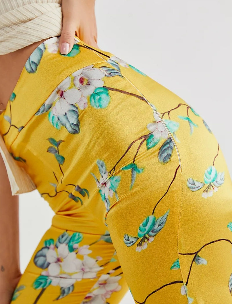 Yellow Flared Stretch Silk Pants- final sale - No return