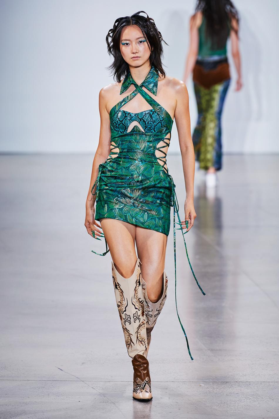 Green Brocade Cut Out Dress